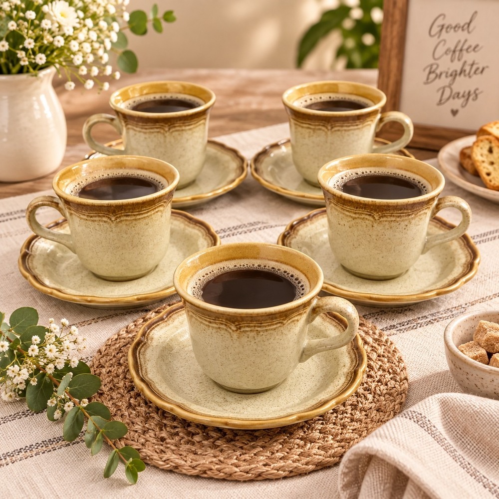 Mikasa Whole Wheat Granola Stoneware Cup & Saucer Set Of 5 Rustic Farmhouse